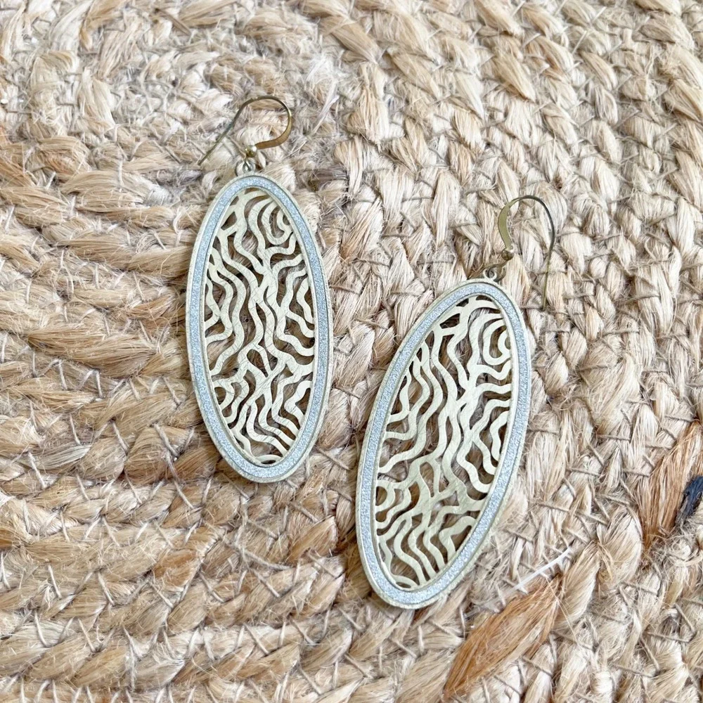Gold Tone Filigree Oval Drop Earrings with Silver Glitter Border Boho Statement
